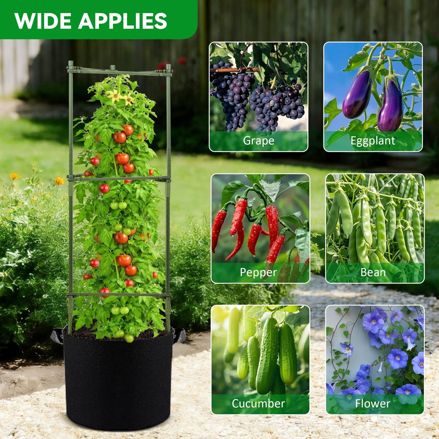 GENMOUS Tomato Cages with Grow Bags - 48 Inch Tomato Trellis for Raised Garden Bed, 3-Pack Tomato Plant Support, with 10 Gallon Plant Grow Bags, Reusable and Height Adjustable