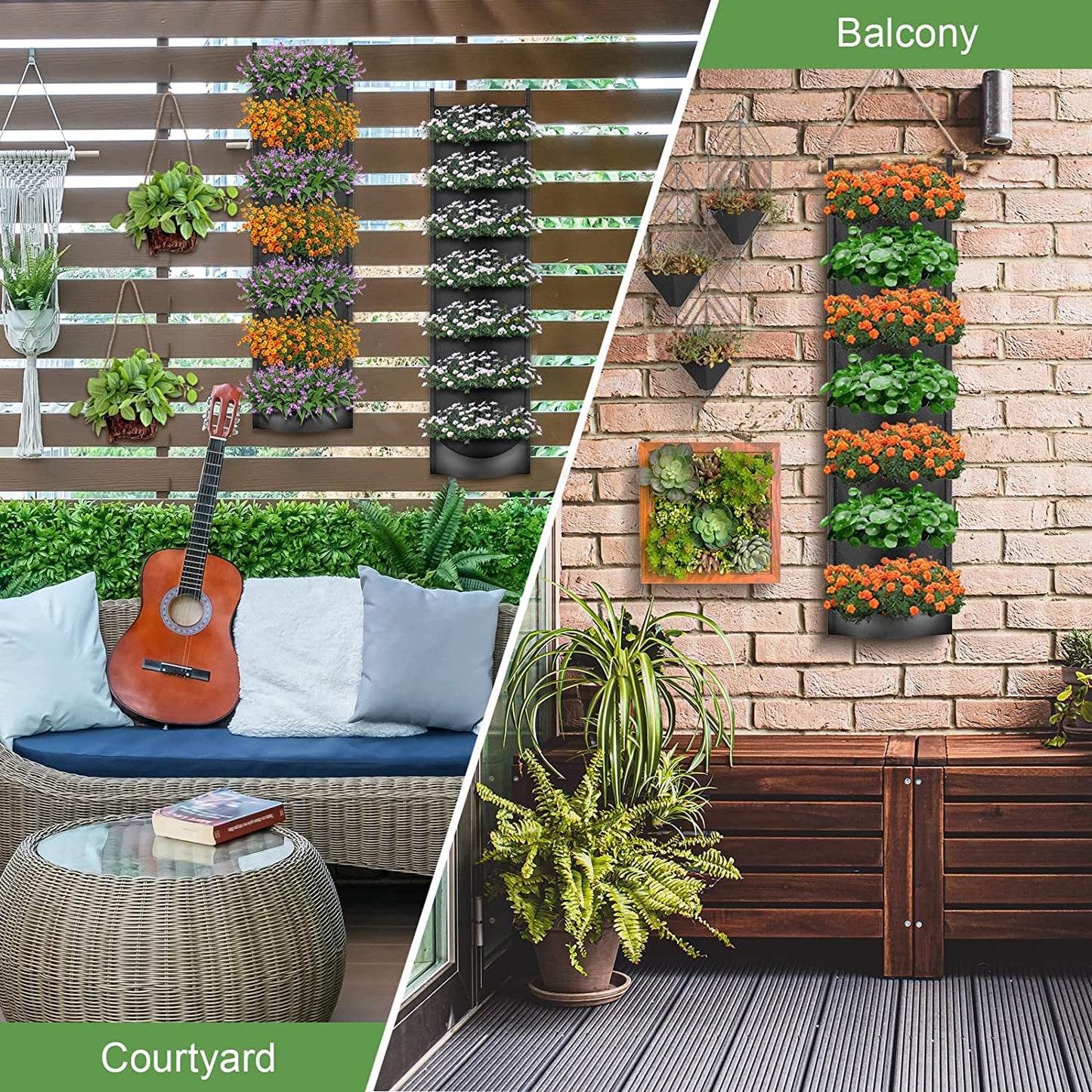 iPower 2-Pack Hanging Vertical Wall Planter 7 Pockets Upgraded Deeper Waterproof Herb Flower Growing Pouch Felt Cloth, for Yard Garden Fence Home, Balcony Office Decoration