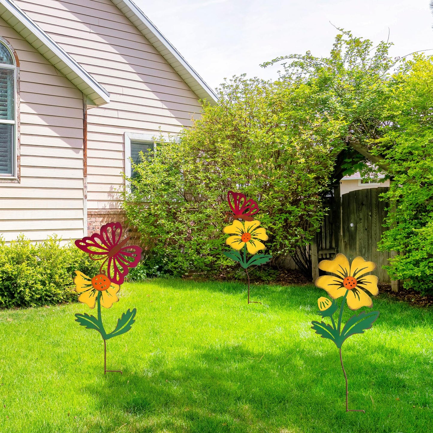 WKHOMEDECO 3 Pack Butterfly&Flower Metal Flowers for Outside & Decorative Garden Stakes - Metal Yard Art Outdoor and Garden with Rustproof Design | Spring Lawn Ornaments for Porch,Backyard，Patio