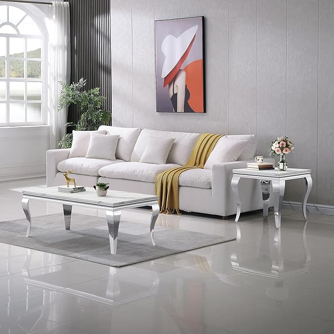 Henf 47" Modern White Faux Marble Coffee Table
