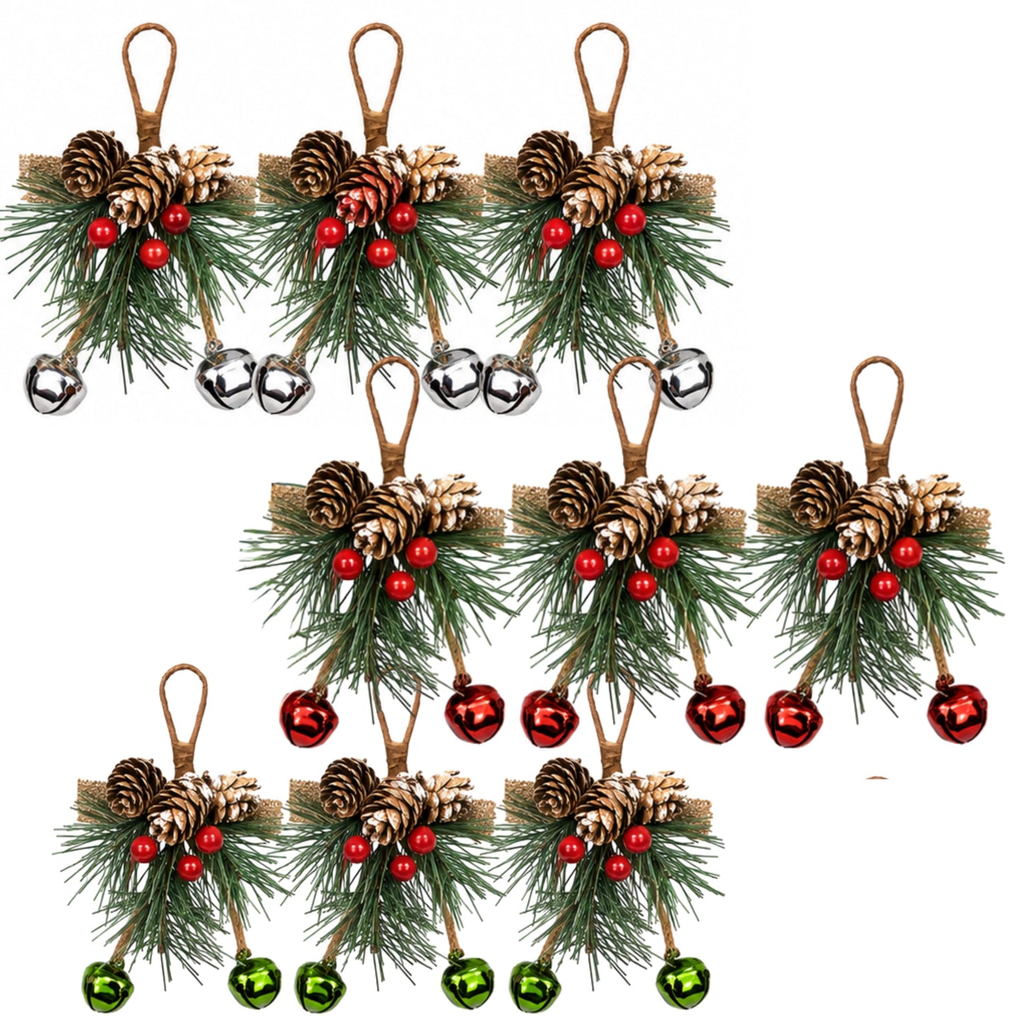 Christmas Bell Ornaments Set of 9 – Red, Green & Silver Jingle Bells with Pine Cones, Red Berries & Snowy Pine Greenery, Farmhouse Christmas Tree Decorations, Holiday Crafts & Wreath Accents, 6 Inch