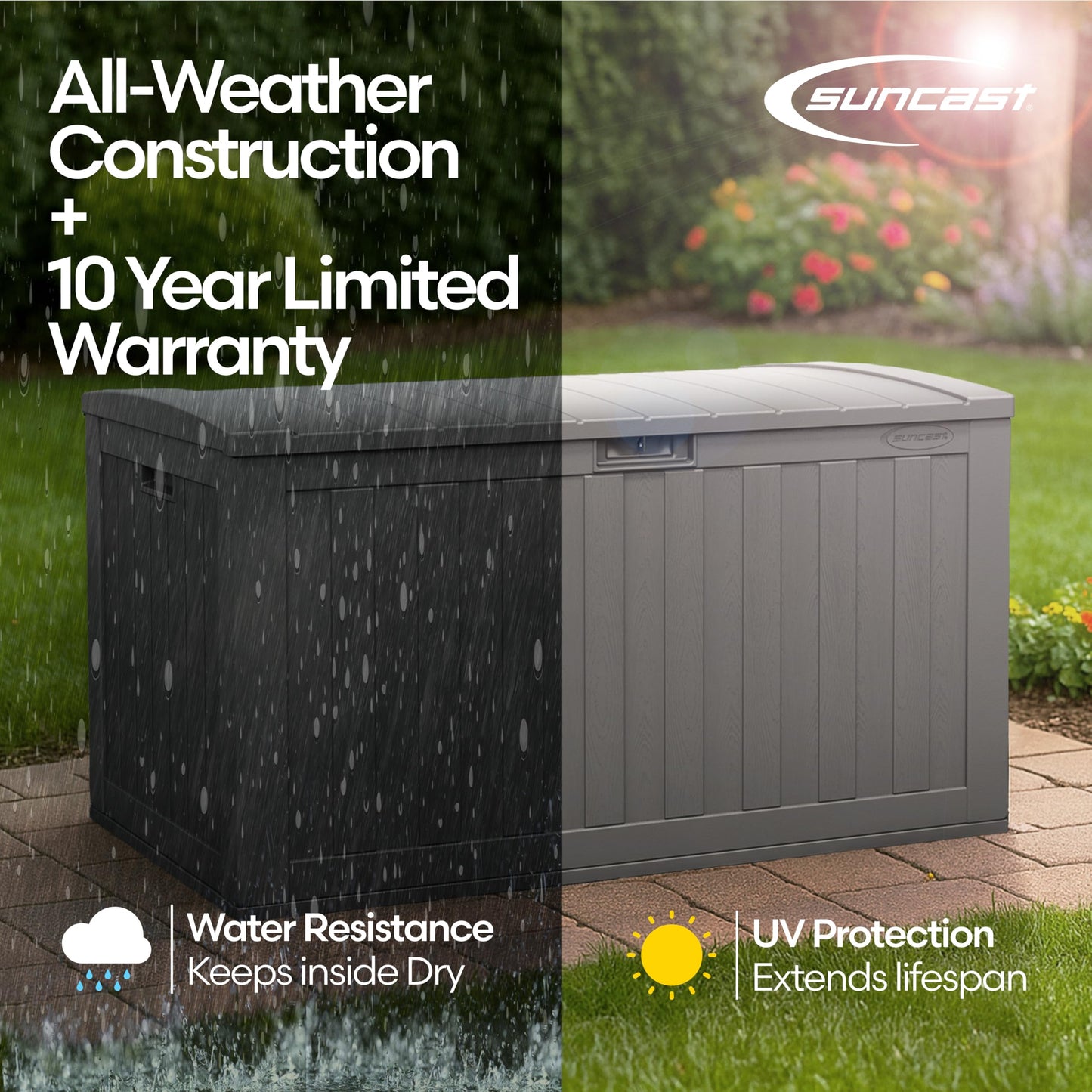 Suncast 134-Gal. Resin Extra-Large Outdoor Patio Deck Box with Pad-Lockable Lid, Modern Outdoor Patio Bench/Storage Box for Cushions, Garden Tools, and More, Dove Gray