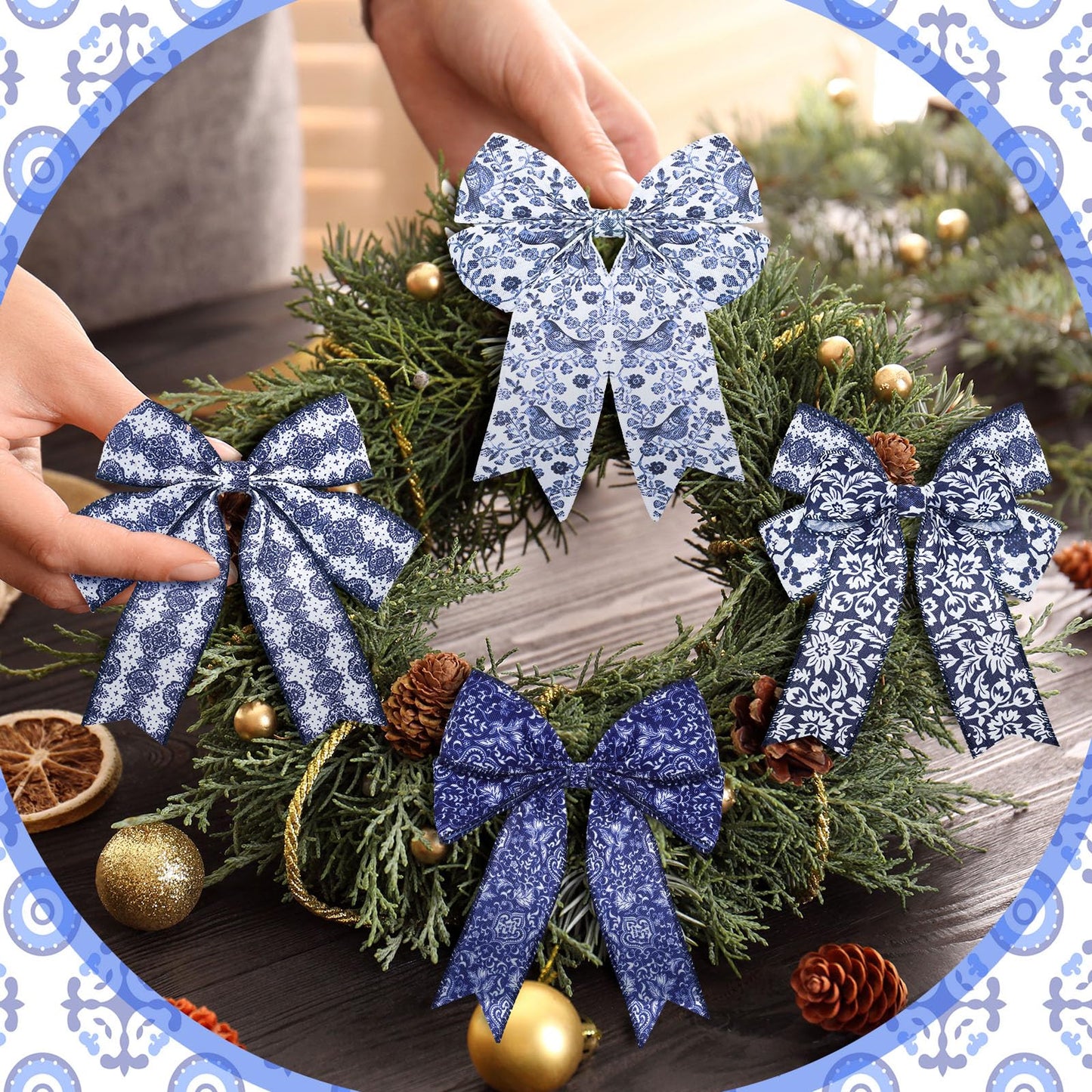 Chunful 12 Rolls Blue Floral Wired Edge Ribbon for Wreaths 2 Inch x 60 Yards Chinoiserie Print Grosgrain Ribbon for Gift Wrapping Hair Bow Sewing Wreath Party Supplies 12 Styles