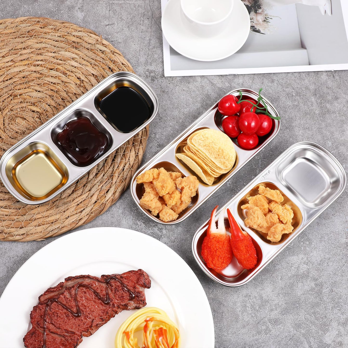12 Packs Stainless Steel Divided Dip Bowls Soy Sauce Dishes, Divided Serving Tray Chip and Dip Serving Set, 3 Compartment Sauce Plate Seasoning Dipping Condiment Tray for BBQ Vinegar Spice Sugar