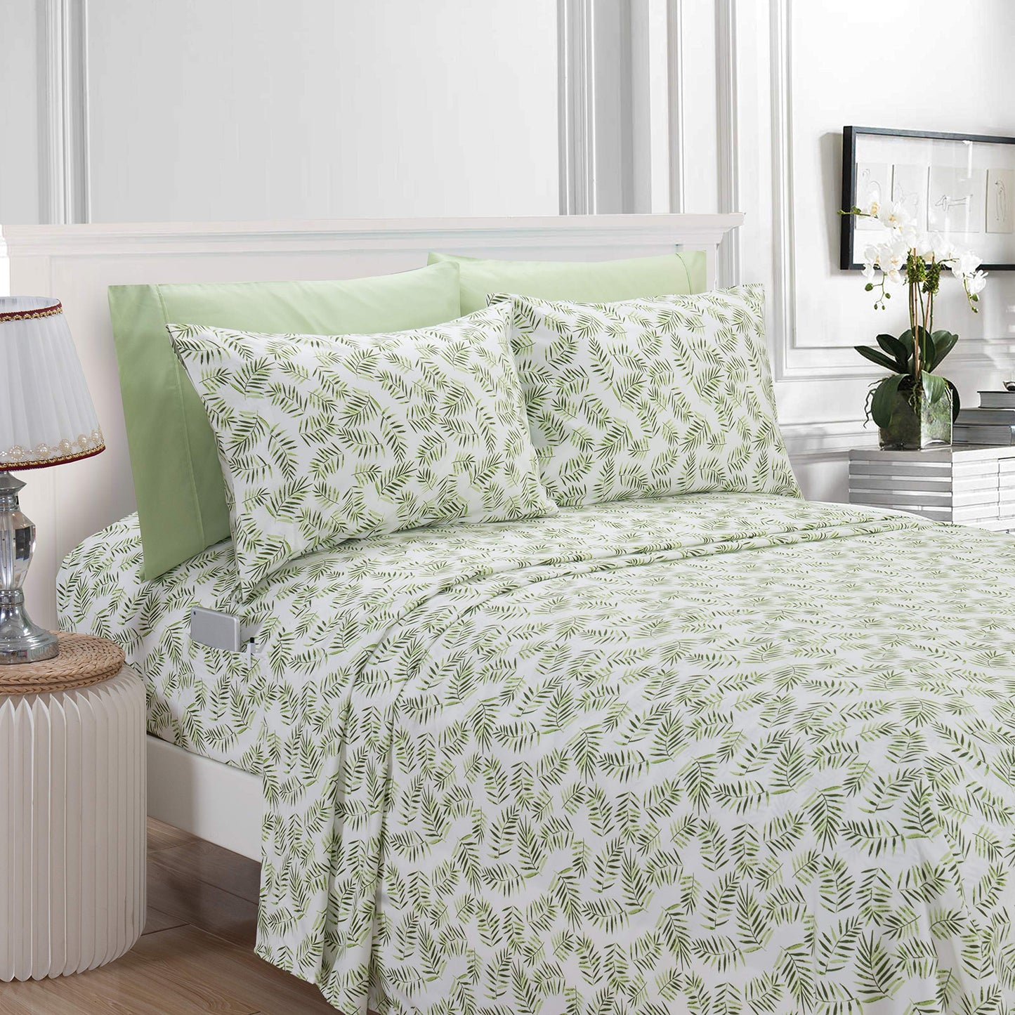 Elegant Comfort Ultra-Soft Double Brushed 6-Piece Microfiber Sheet Set Beautiful Tropical Patterns, and Vibrant Solid Colors, Luxury, All-Season Bed Sheet Set - Palm Leaves, Queen