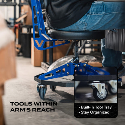 Vyper Robust Steel Sport Shop Chair for Mechanics, Automotive, DIY - 300 lb Capacity Garage Stool with Backrest & Large Wheels (Black Seat, Blue Frame)