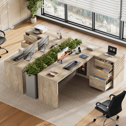 Homiflex 78.7" L-Shaped Executive Desk with Drawers and File Cabinet, Farmhouse Large Office Desk with Power Outlets & Sliding Door Storage, Corner Computer Desk for Home Office Gaming, Natural Oak