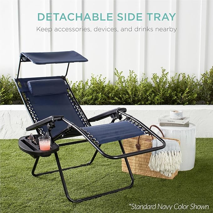 Best Choice Products 30” Wide Folding Zero Gravity Outdoor Recliner Patio Lounge Chair w/Adjustable Canopy Shade, Headrest, Side Accessory Tray - Cobalt Blue