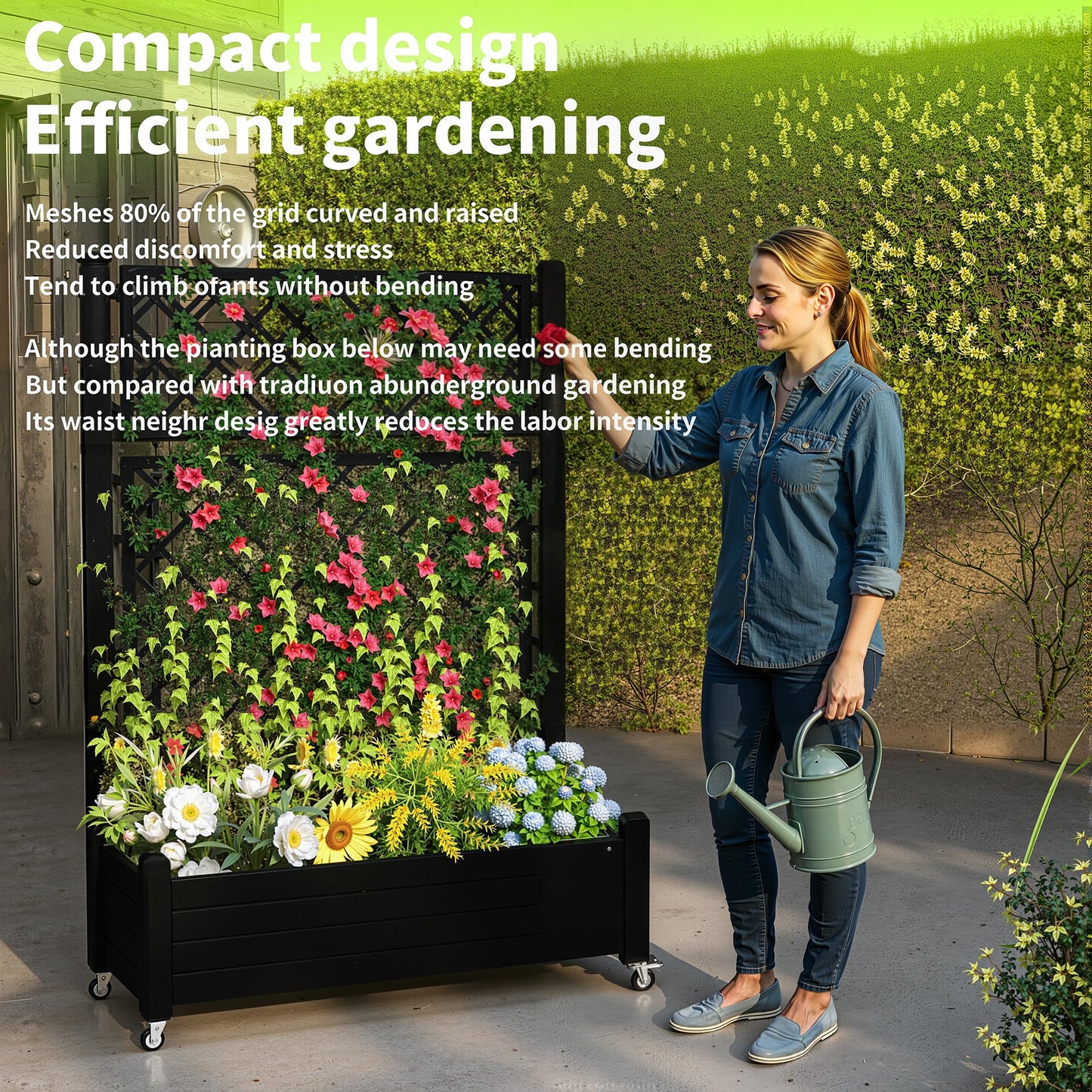 PatioZen Raised Garden Bed with Trellis, 21 Gallon Self Watering Planter Box with Lockable Wheels & Drainage Holes for Climbing Plants Vegetables Flowers, Anti-Rust Resin for Backyard Patio (Black)
