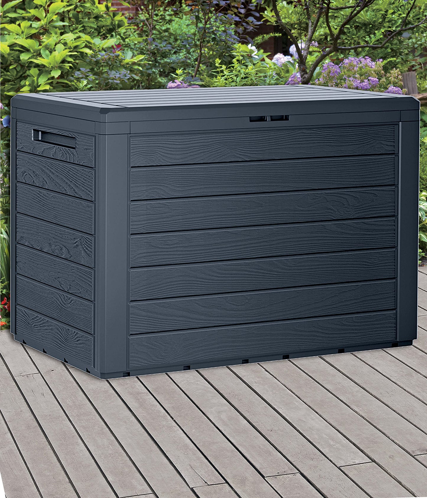 URBNLIVING Anthracite 190L Wood Design Outdoor Storage Box Garden Patio Plastic Chest Lid (Horizontal Stripes, Pack of One)