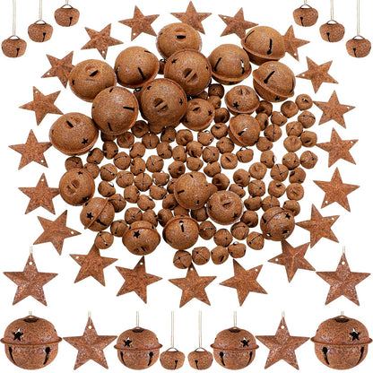 Dilunave 140 Pieces Rustic Christmas Bell Set, Includes 100 Small Rustic Jingle 20 Star Cutout Bells 20 Metal Star Hanging Ornament for Christmas Tree Home Decor DIY Craft(Rusty)