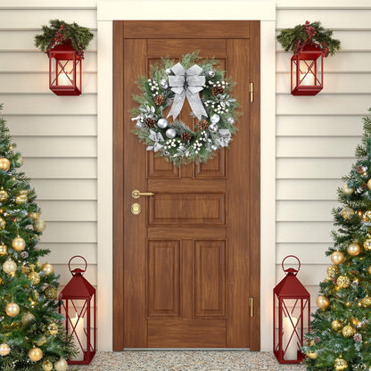Sggvecsy 20 Inch Artificial Christmas Wreath for Front Door with Pine Needles White Berries Pine Cones Silver Bow Christmas Ball Decorations for Winter Wall Outdoor Home Holiday Xmas Decor