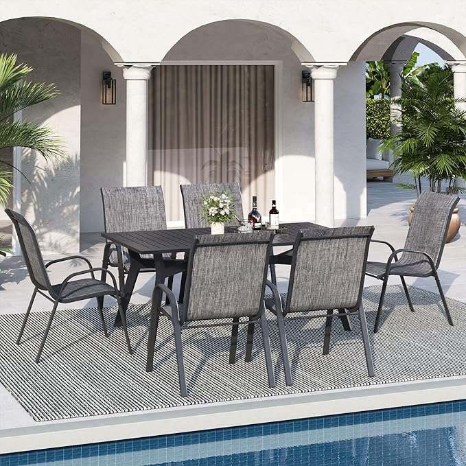 Patio Dining Chairs Set of 8, Outdoor High Stacking Chairs，Breathable Seat Fabric and Alloy Steel Frame for Backyard, Porch, Garden, Sunroom (Light Grey)