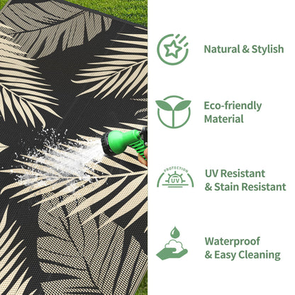 GENIMO Outdoor Rug 9' x 18' Waterproof for Patios Clearance, Reversible Outdoor Plastic Straw Camping Rug Carpet, Large Area Rugs Mats for RV, Camper, Deck, Balcony, Porch, Beach, Picnic, Black&Beige