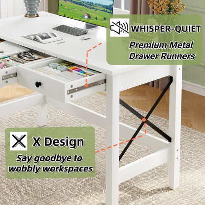 JSB 43.3'' White Computer Desk for Home Office,Farmhouse Executive Desk with 2 File Drawers,Study Writing Table Storage Cabinet,Makeup Vanity Desk for Bedroom (White, 43.3in)