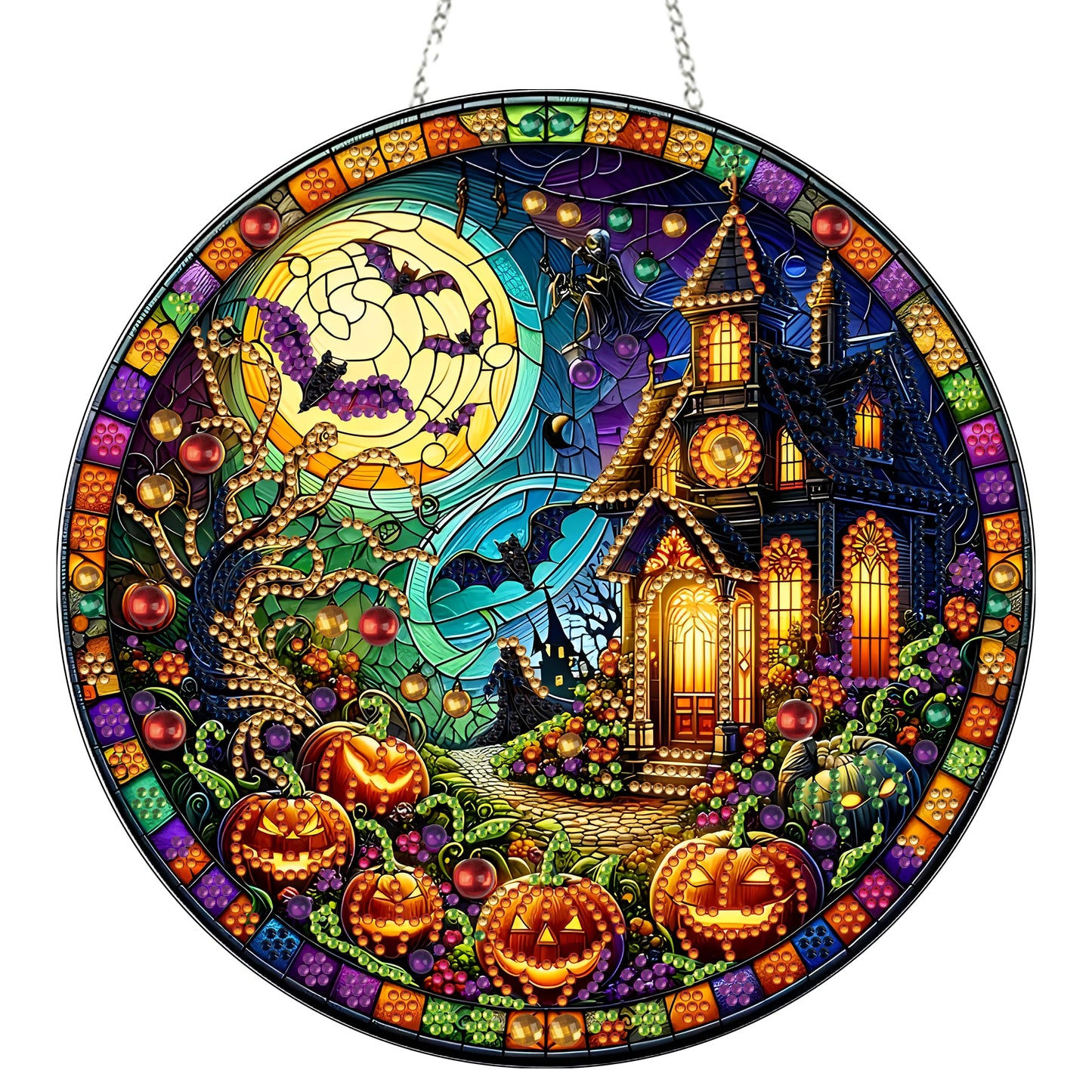 DIY Diamond Art Painting Wreath Kits，Special Shaped Rhinestone Hanging Ornament Diamond Art Window Pendants for Gift Home Garden Wall Hanging Kits,Double Sided (Haunted House)