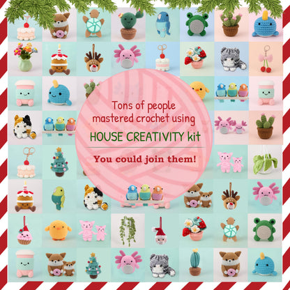 HOUSE CREATIVITY Christmas Crochet Kit for Beginners – Make Santa Claus & Reindeer Ornaments, Amigurumi Crochet Starter Kit with Video Tutorial, Yarn & Hook, DIY Holiday Tree Decor Gift