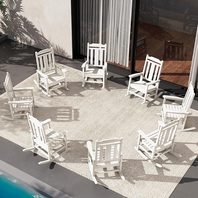 SERWALL Outdoor Rocking Chair White Set of 8, All Weather Patio Rocking Chair, HDPE Poly Rocking Chair for Adults, Heavy Duty Front Porch Rocker