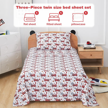 Softan Kids Bed Sheet Set, Boys Twin Size Sheets, Microfiber Kids Fitted Sheet and Pillowcase, Breathable and Silky Soft, 3 Piece Fire Engines Printed Twin Bed Sheet