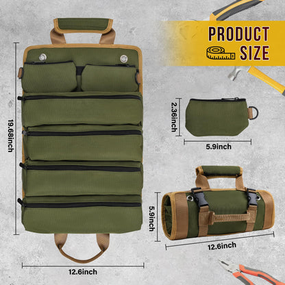 Tool Bag, Tool Bags for Men, Heavy Duty Tool Organizer, Portable Roll Up Tool Bag Gifts For Him, Mechanic, Electrician and Hobbyist, Car Tool Roll Organizer -Green