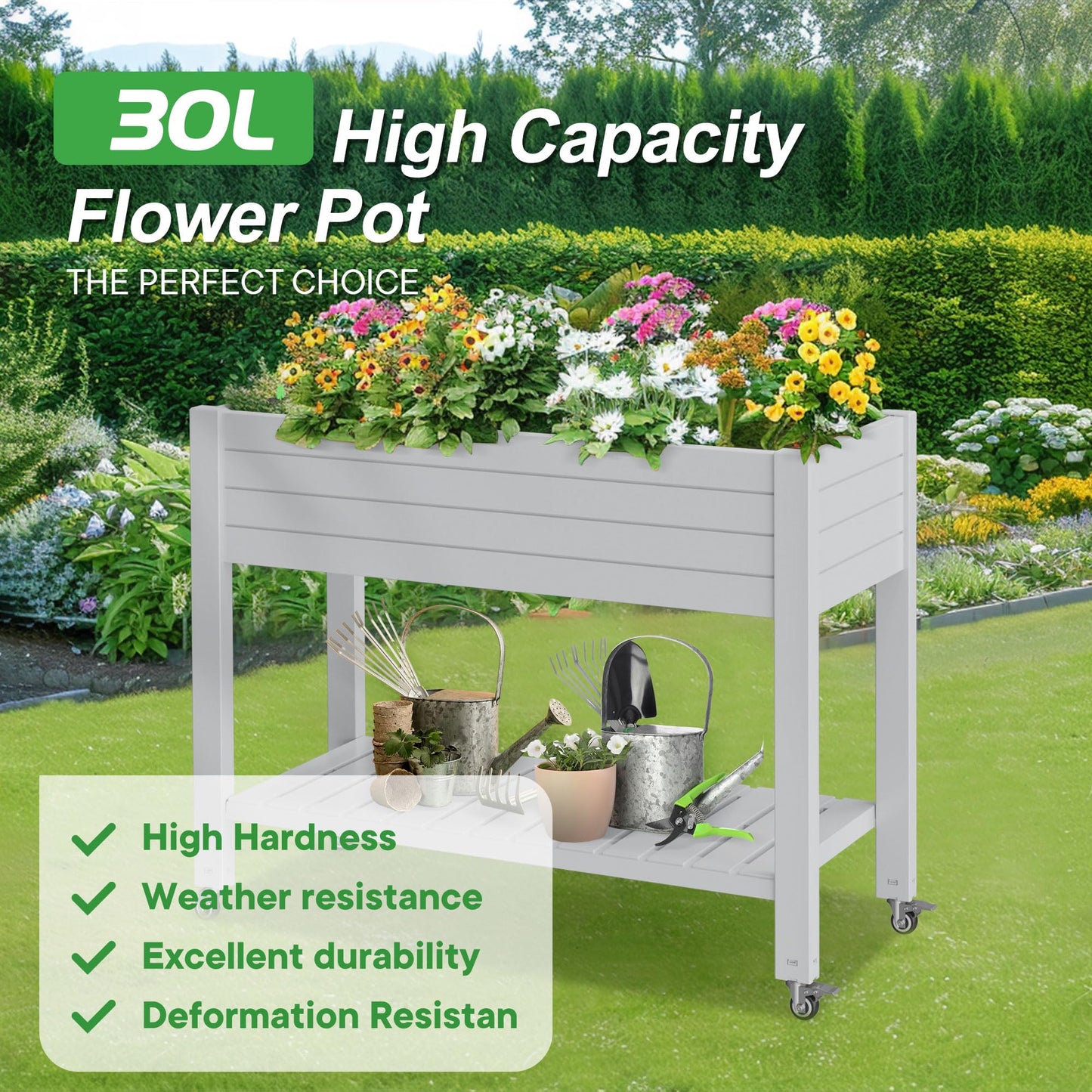 PatioZen Raised Garden Bed with Legs, 33.66" Tall Self-Watering Resin Planter Box with Lockable Wheels Drainage Plug and Gauge for Vegetables, Flowers, Storage Shelf for Tools and Accessories (Ashen)