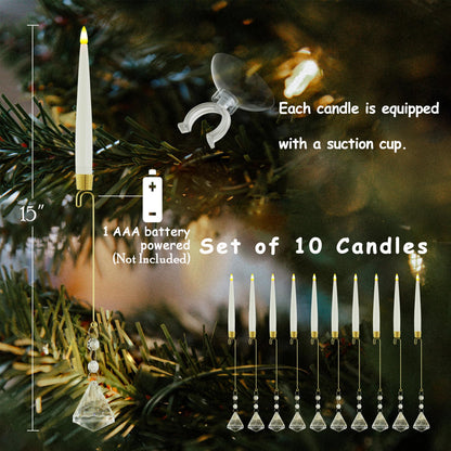 JOIONE Flameless Christmas Tree Candles with Remote, 10 Pack Battery Operated LED Candles with Suction Cup for Christmas Tree, Flickering Flame for Xmas Indoor Decor - Diamond