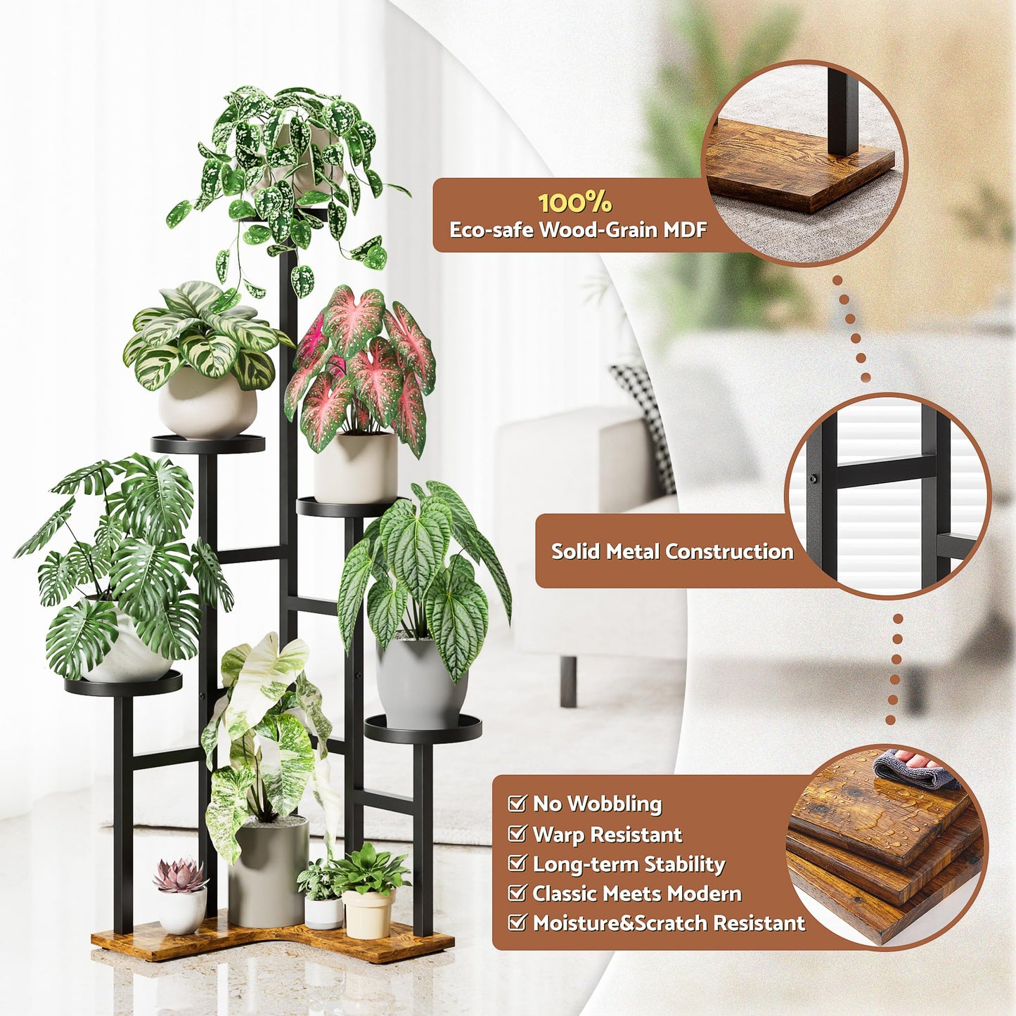 NQW 5 Tiered Plant Stand Indoor with 7.1 Inch Wide Tray, Corner Metal Plant Stand Outdoor Tall Flower Holder Stand, Tall Rack for Display Shelf for Patio Porch Office LivingRoom - BlackDisk