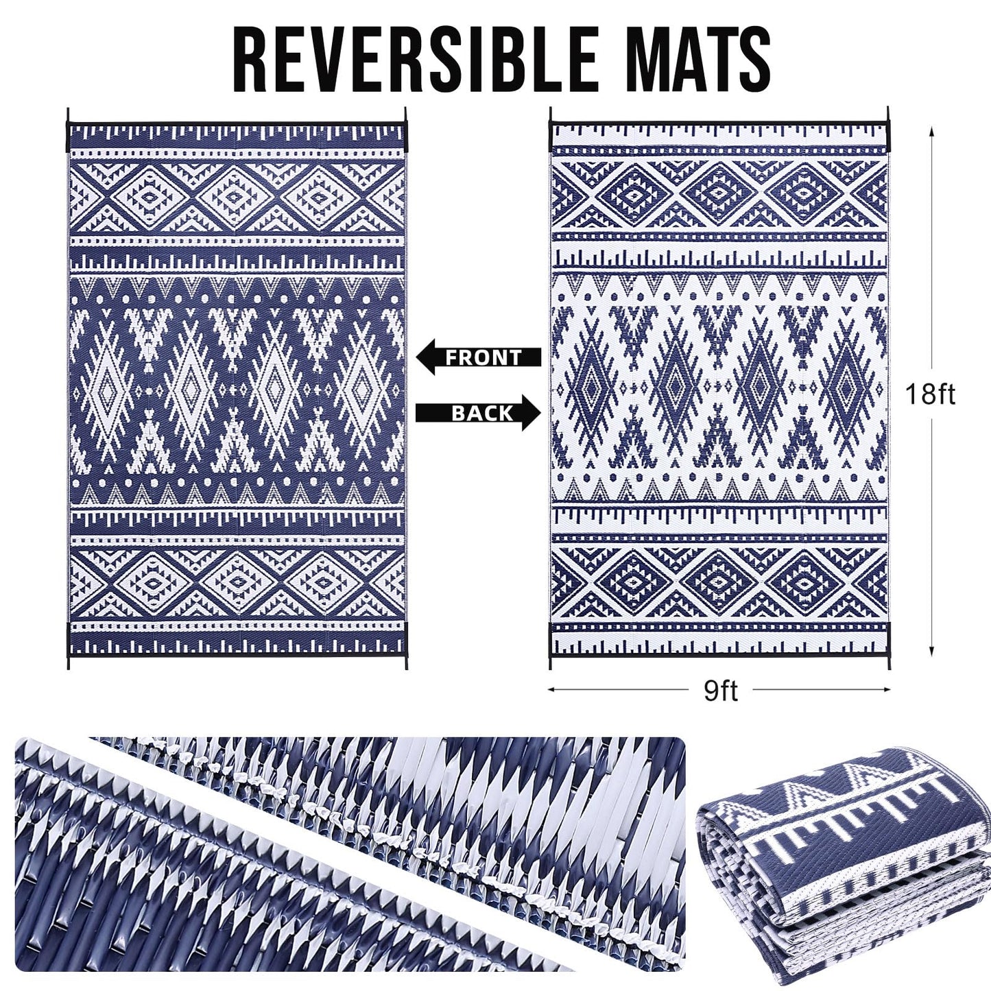 OLANLY Outdoor Rug Waterproof 9x18 ft, Reversible Outdoor Plastic Straw Rug, Boho Patio Rug, Indoor Outdoor Carpet, RV Mat Outside for Patio, Camp, Picnic, Balcony, Deck, Backyard, Navy & White
