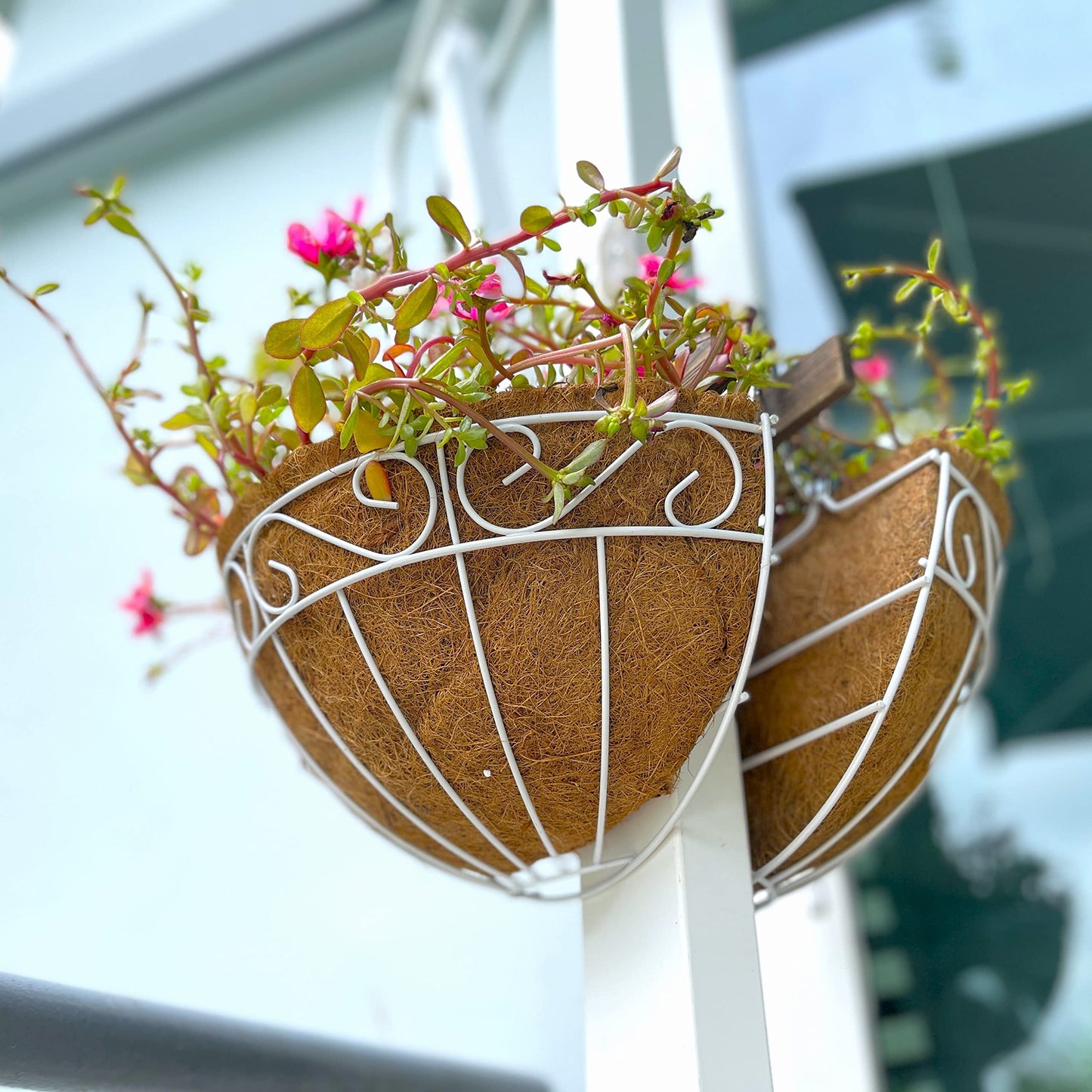 LaLaGreen Wall Mounted Flower Baskets (2 Pack, 14 Inch) Large Wall Hanging Planter with Coco Liner for Outdoor Plants, White Metal Fence Pots Holder Rail Railing Deck Porch Balcony Garden Patio Decor