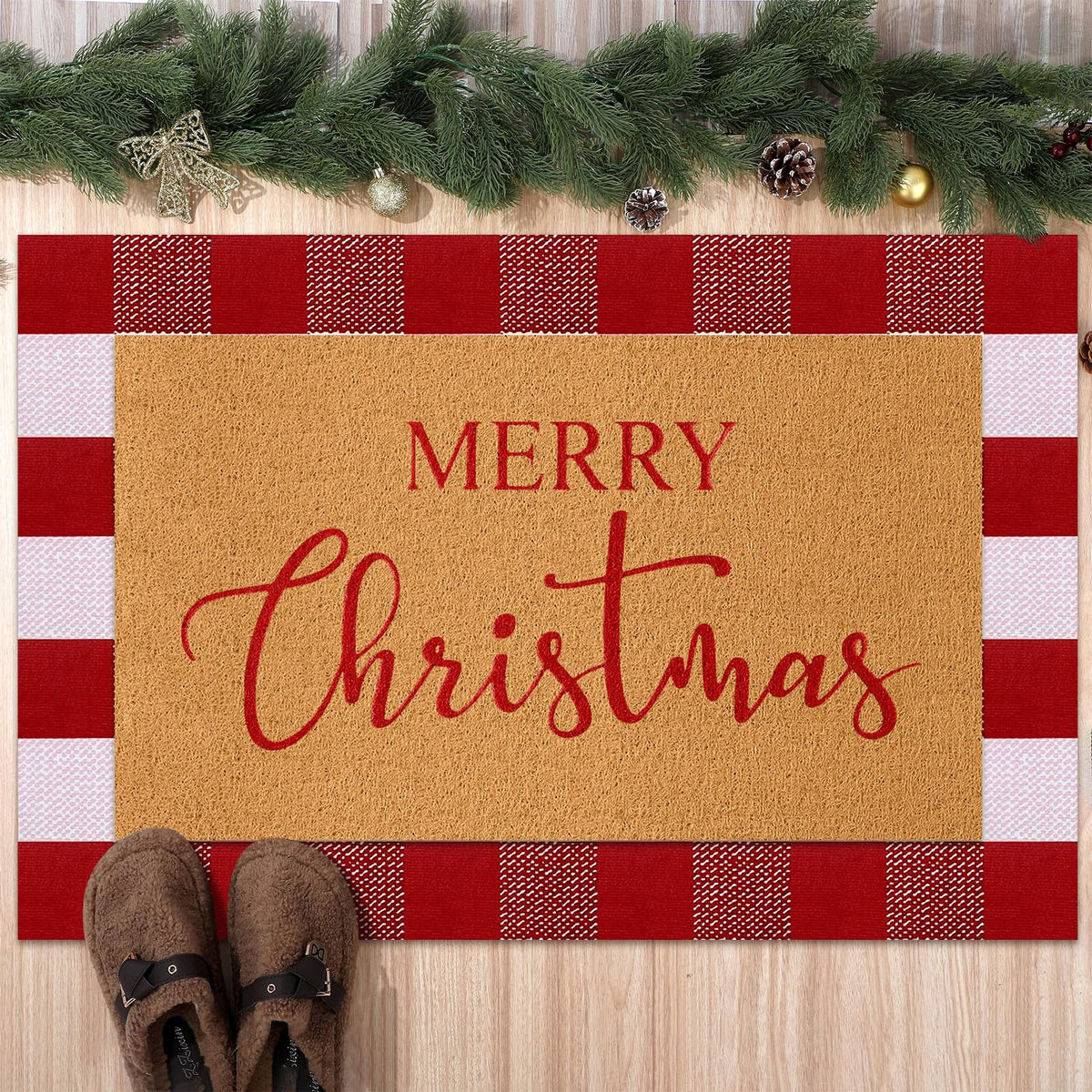 Duraaamo 2 Pcs Christmas Doormat Merry Christ Non Slip Outdoor Rug Xmas Welcome Layered Buffalo Floor Mats for Front Porch Entryway(Red White,Plaid)
