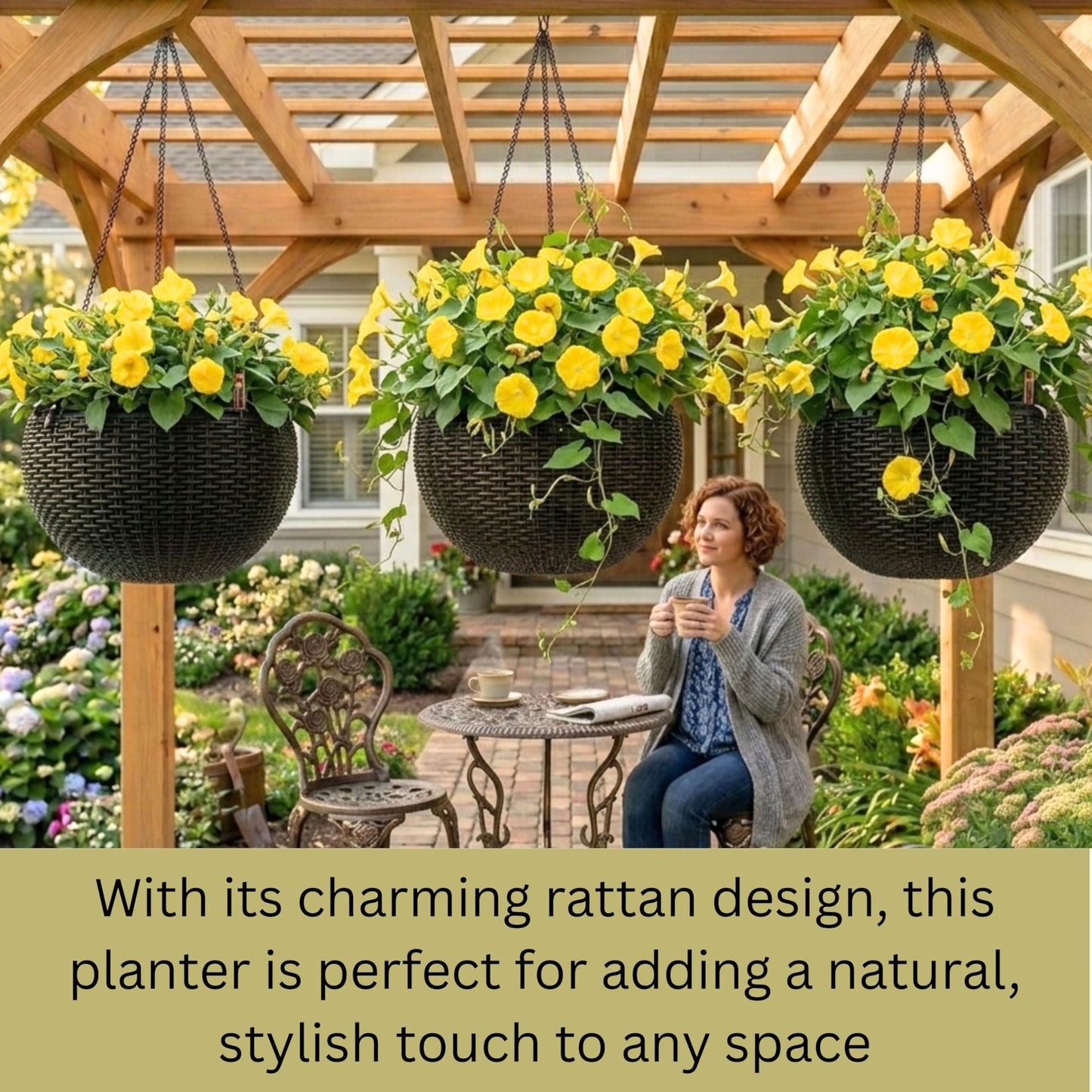 LaLaGreen Hanging Planters for Indoor Plants (11 Inch, 3 Pack) Brown Rattan Style Self-Watering Flower Pots with Water Level Indicator, Plastic Baskets with Metal Chain for Balcony, Porch Garden Decor