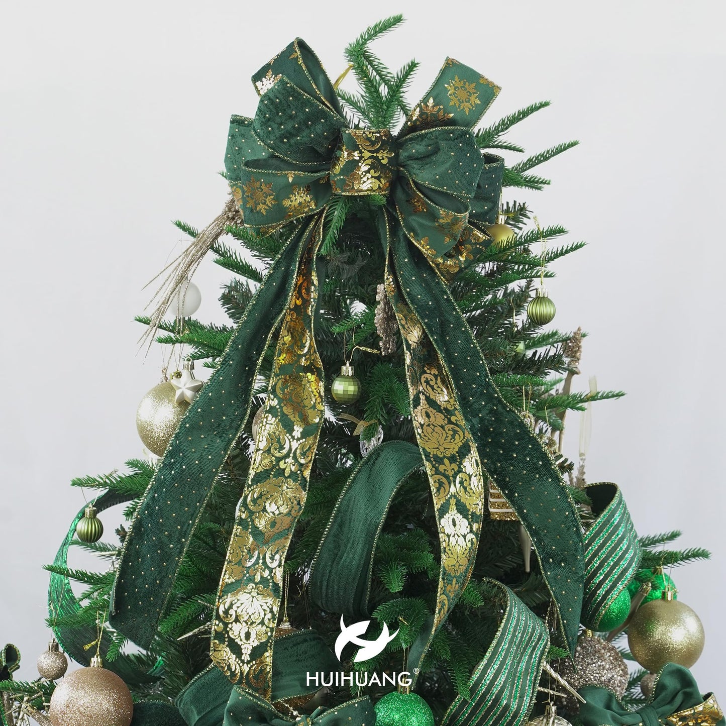 HUIHUANG Christmas Ribbon Wired Green Velvet Christmas Tree Ribbon Green and Gold Wired Ribbons for X-mas Tree, Wreath, Garland, Bows, Home Decor (2-1/2" X 6 Rolls, 36 Yds Total)
