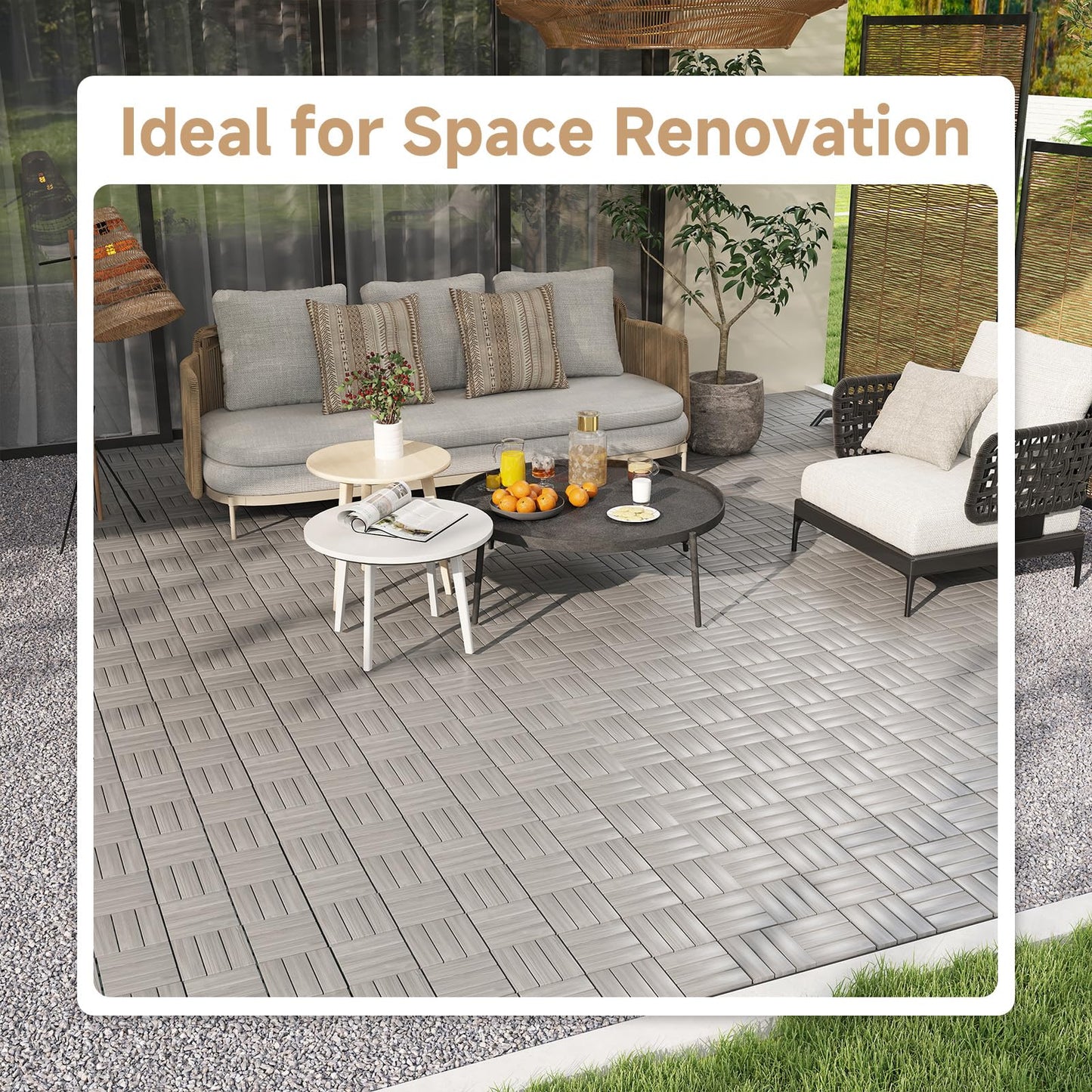 Rovibek Acacia Wood Interlocking Deck Tiles, 30PCS 12"x12" Outdoor Waterproof Decking Tiles, All Weather Use for Balcony Patio Backyard Poolside, Indoor & Outdoor, Checker Gray