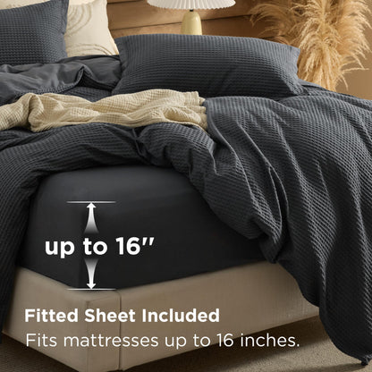 Bedsure 100% Cotton Duvet Cover Queen Size with Fitted Sheet - 4 Pieces Charcoal Waffle Weave Duvet Covers, PureWowen Breathable Bedding Set, 1 Duvet Cover 90x90, 1 Fitted Sheet, 2 Pillow Shams