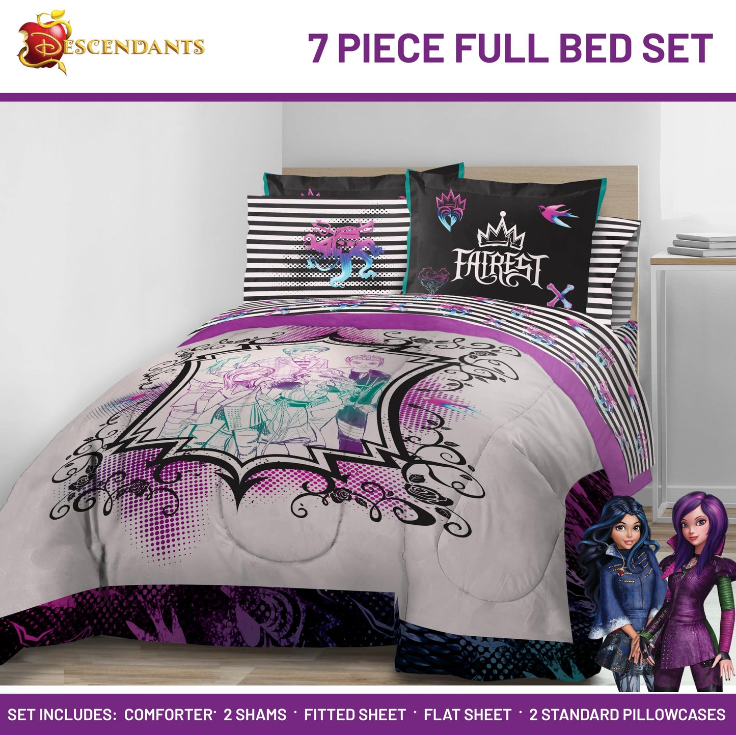Jay Franco Kids Comforter Set Includes Sheets and Pillow Cover - Soft and Cozy Bed Set for Stylish Room Décor, Multi - Descendants, 7 Piece Full