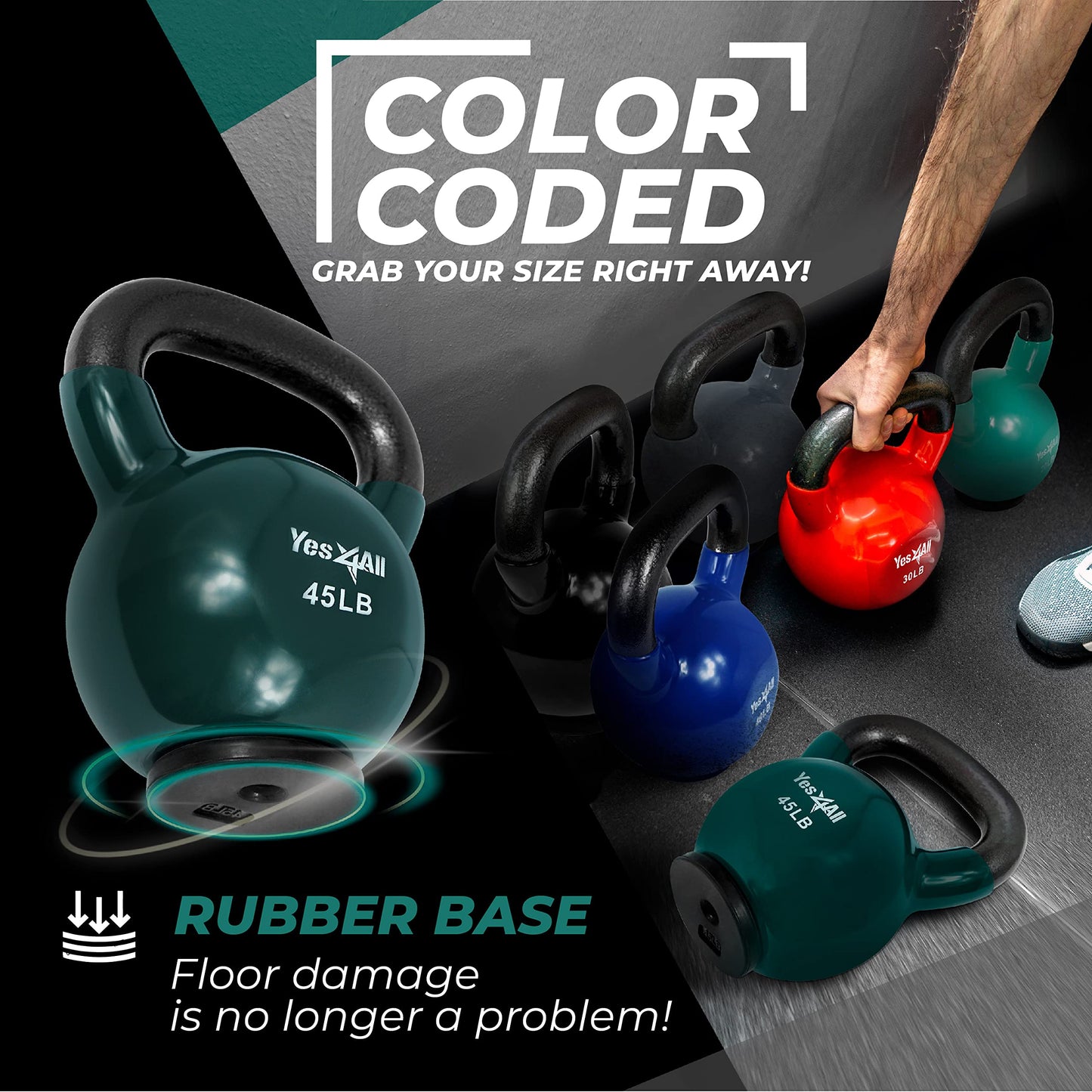 Yes4All Kettlebells Rubber Base, Kettlebell Set for Women, Strength Training Kettlebells Weights (10-65 lbs)