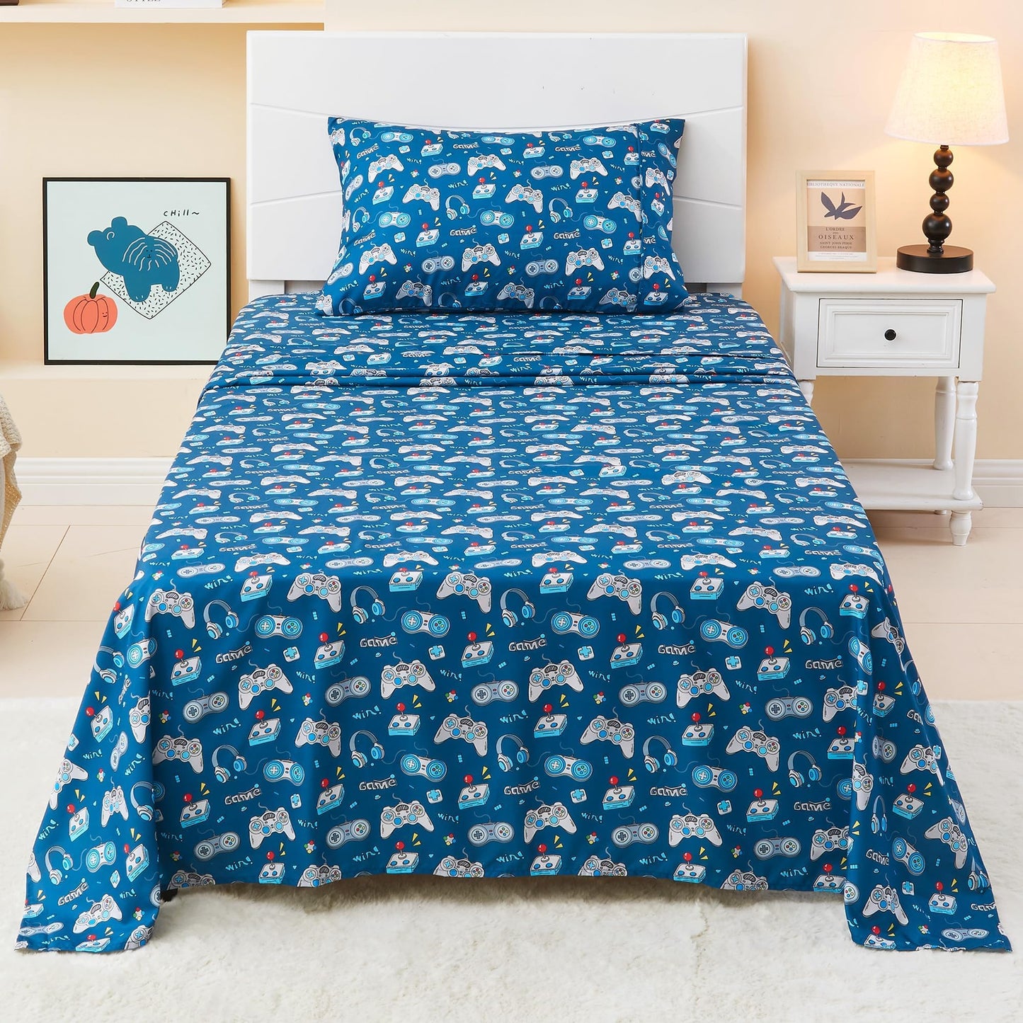 Softan Kids Bed Sheet Set, 3-Piece Twin Sheets Set, Microfiber Fitted Sheet with 15 Inches Deep Pocket and Corner Straps, Breathable & Silky Soft Game Controller Printed Sheet and Pillowcase Sets
