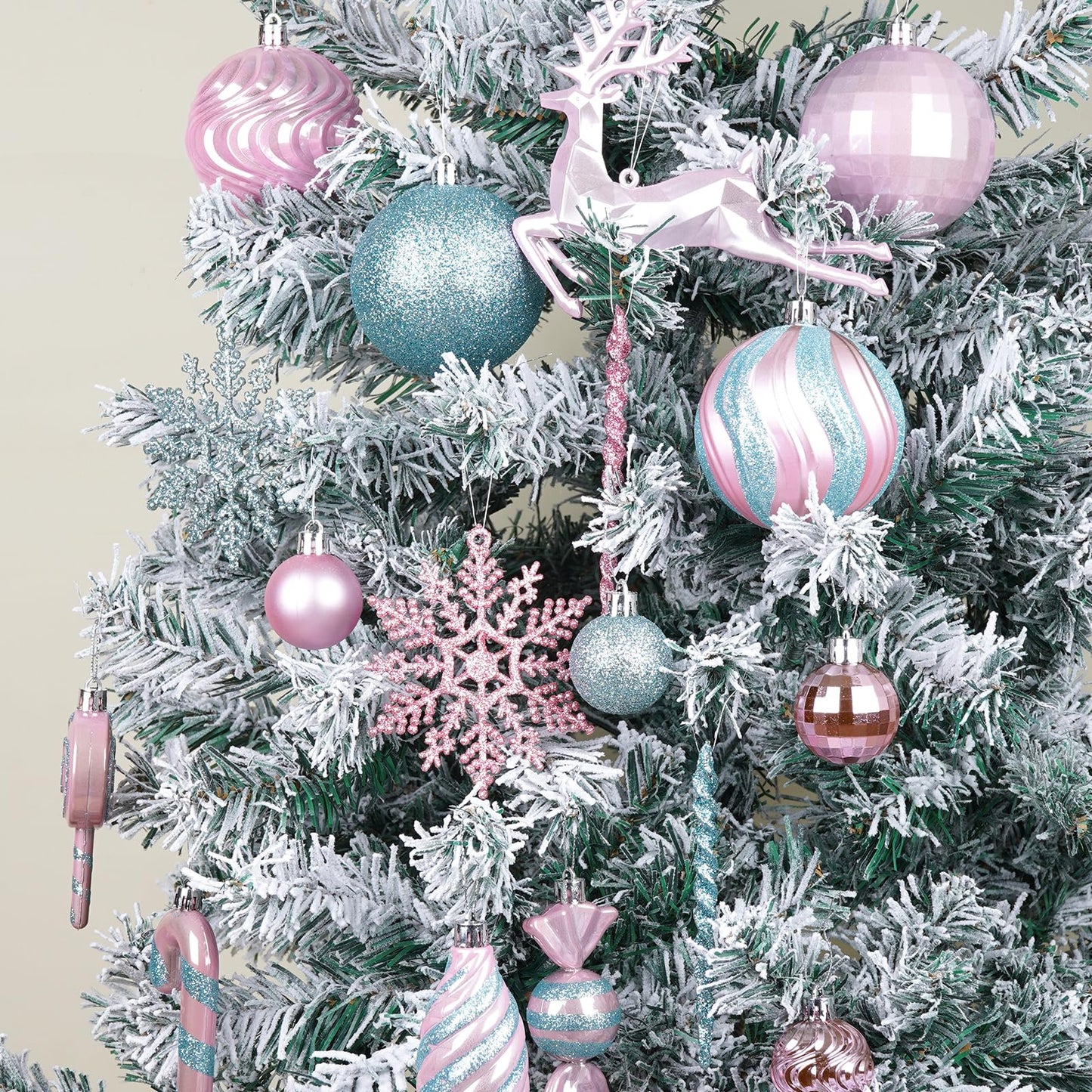 70PCS Christmas Balls Ornaments Set, Shatterproof Xmas Tree Decorations Kit with Balls, Snowflakes, Candy Canes, Star Topper, Reindeer & Hanging Baubles for Holiday Party Decor (Silver & Pink)