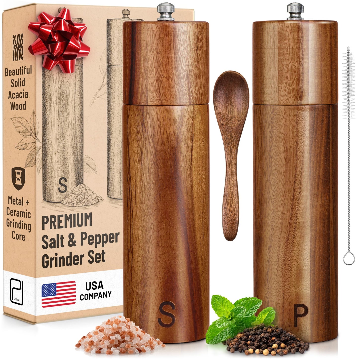 Premium Wooden Salt and Pepper Grinder Set - 28 g / 1 oz each, Acacia Solid Wood Mills - Refillable Coarse Grain Salt & Peppercorn Manual Twist Grinders - Modern or Rustic Home Table - by PJC-Kitchen