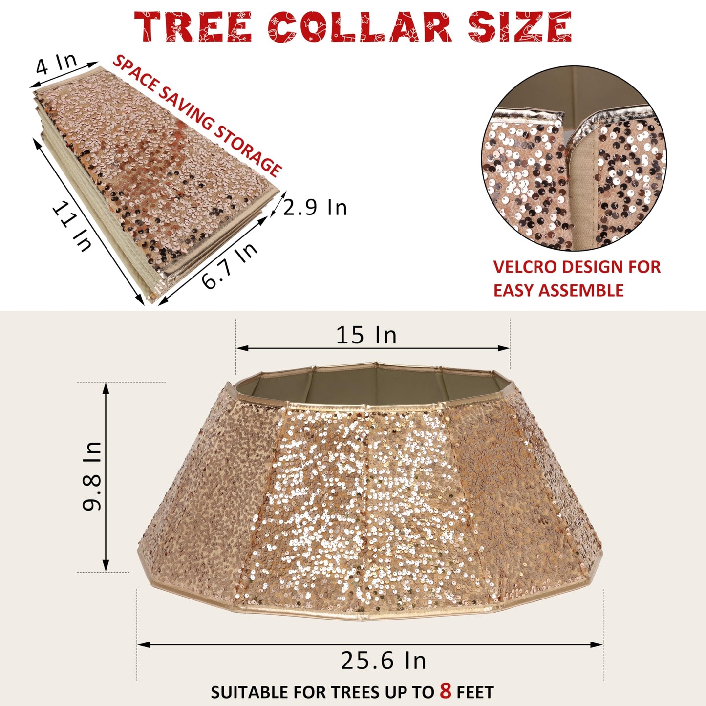 Blissun Christmas Tree Collar, Sequin Christmas Tree Skirt, Foldable Tree Ring, Xmas Tree Stand Base Cover for Christmas Tree Decoration, Champagne