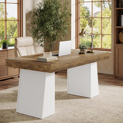 Tribesigns 55" Executive Desk, Wooden Office Desk with Double Pedestal, Modern Simple Computer Writing Table for Home Office, Brown & White
