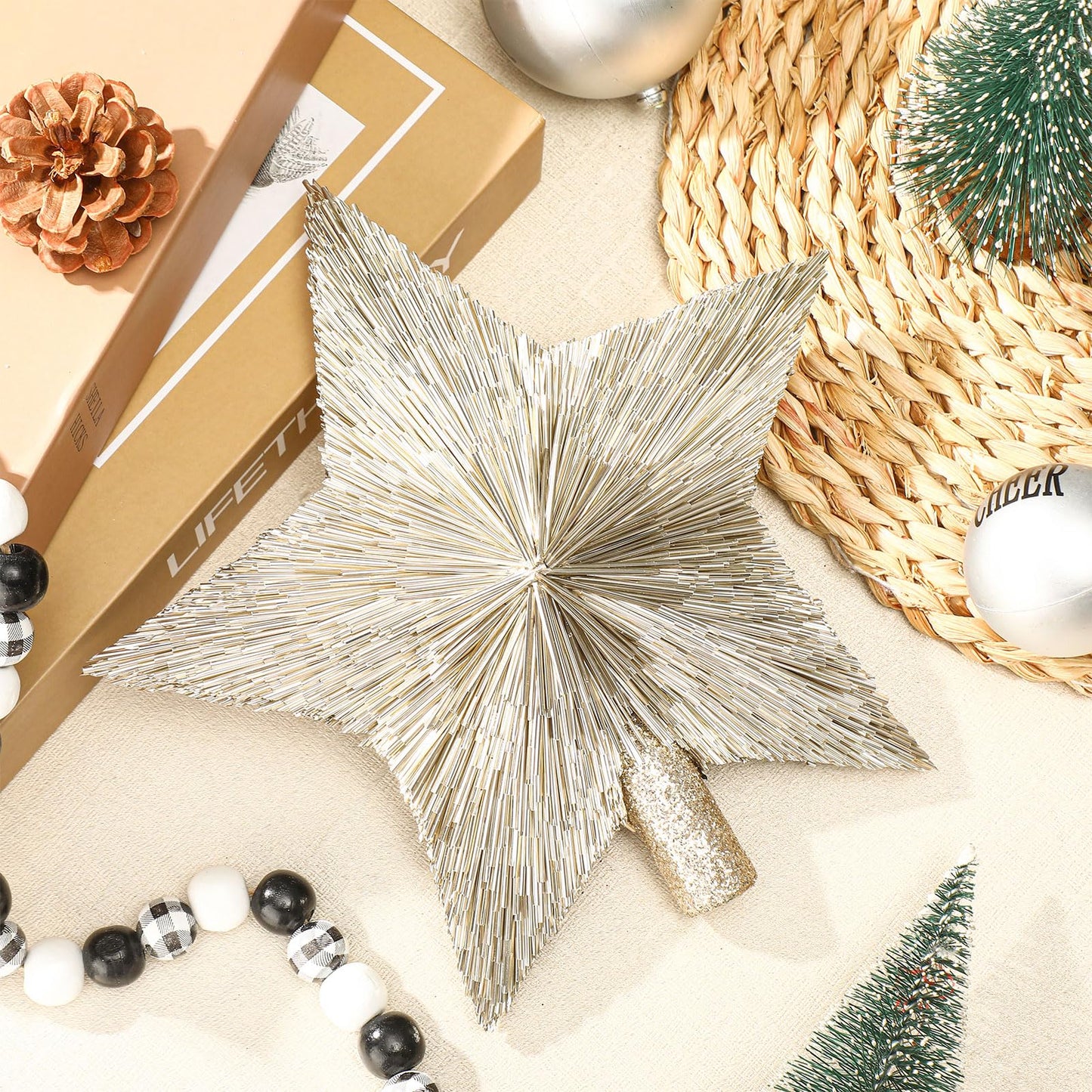 Threehoney 8.3 Inches Christmas Star Tree Topper Glitter Mini Sisal Star for Christmas Small Xmas Tree Top Decoration Ornament for Home Xmas Holiday Gift Decor(Champagne Gold)