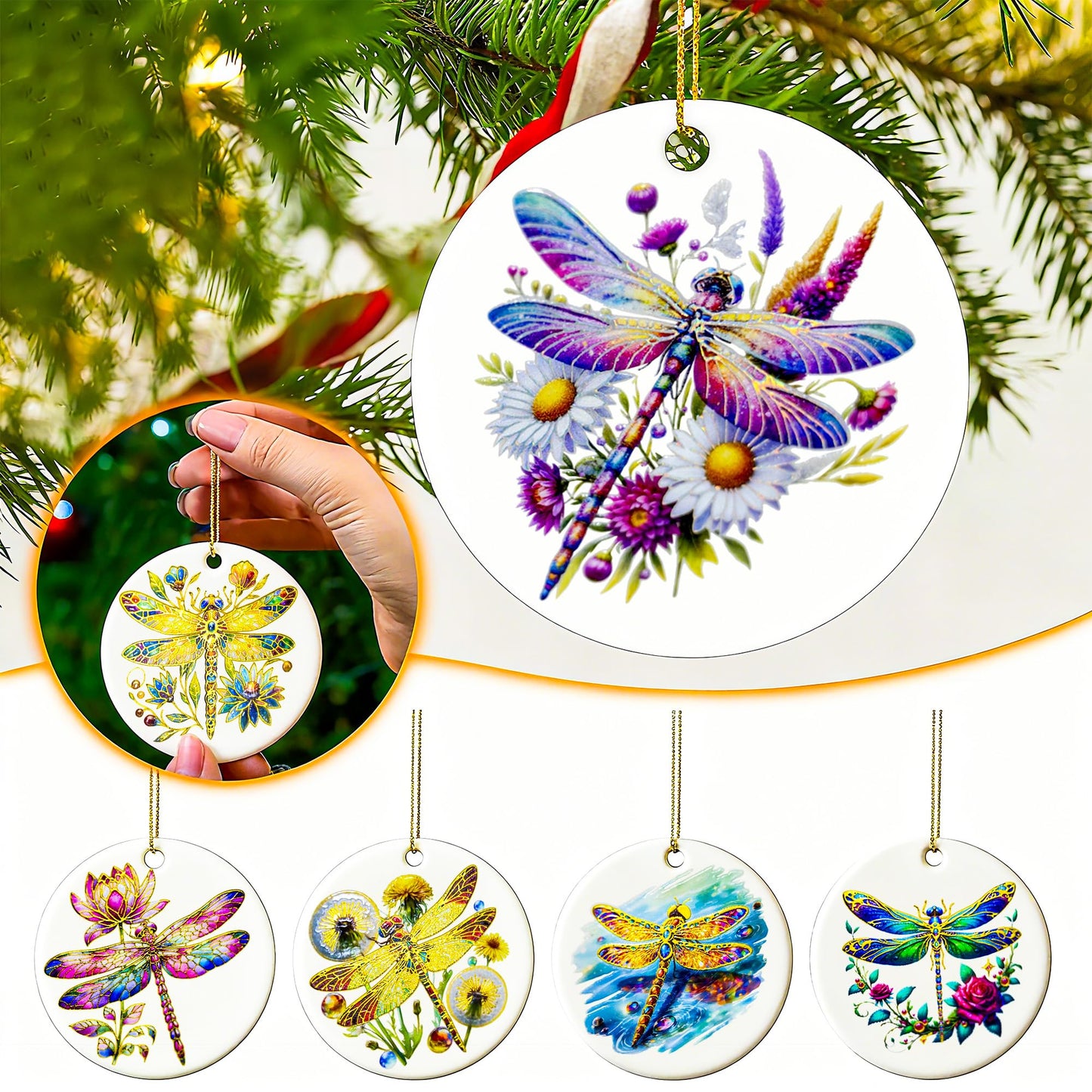 YOXUTEP 6-Pack Ceramic Dragonfly Ornaments, Christmas Tree Decor for Home, Exchange, Xmas Presents & Festive Decoration