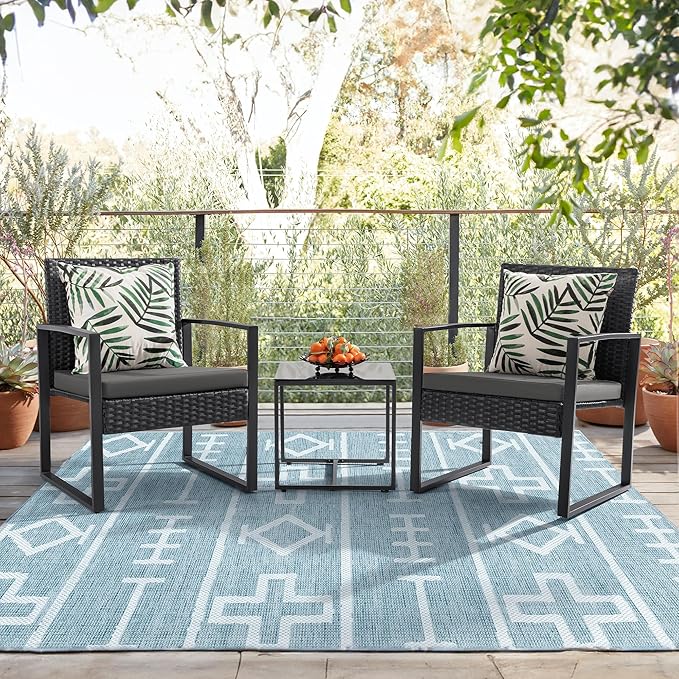 Flamaker 3 Pieces Patio Set Outdoor Wicker Furniture Modern Bistro Rattan Chair Conversation Sets with Coffee Table for Yard (Grey)