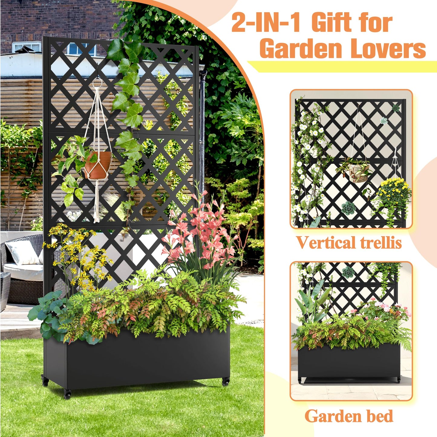 Metal Raised Garden Bed with Diamond Lattice Trellis, Outdoor Planter Box for Climbing Plants Vegetables Vines, Galvanized Garden Box with Drainage Holes and Wheels, Black (35.4"L x 16.7"W x 73.2"H)