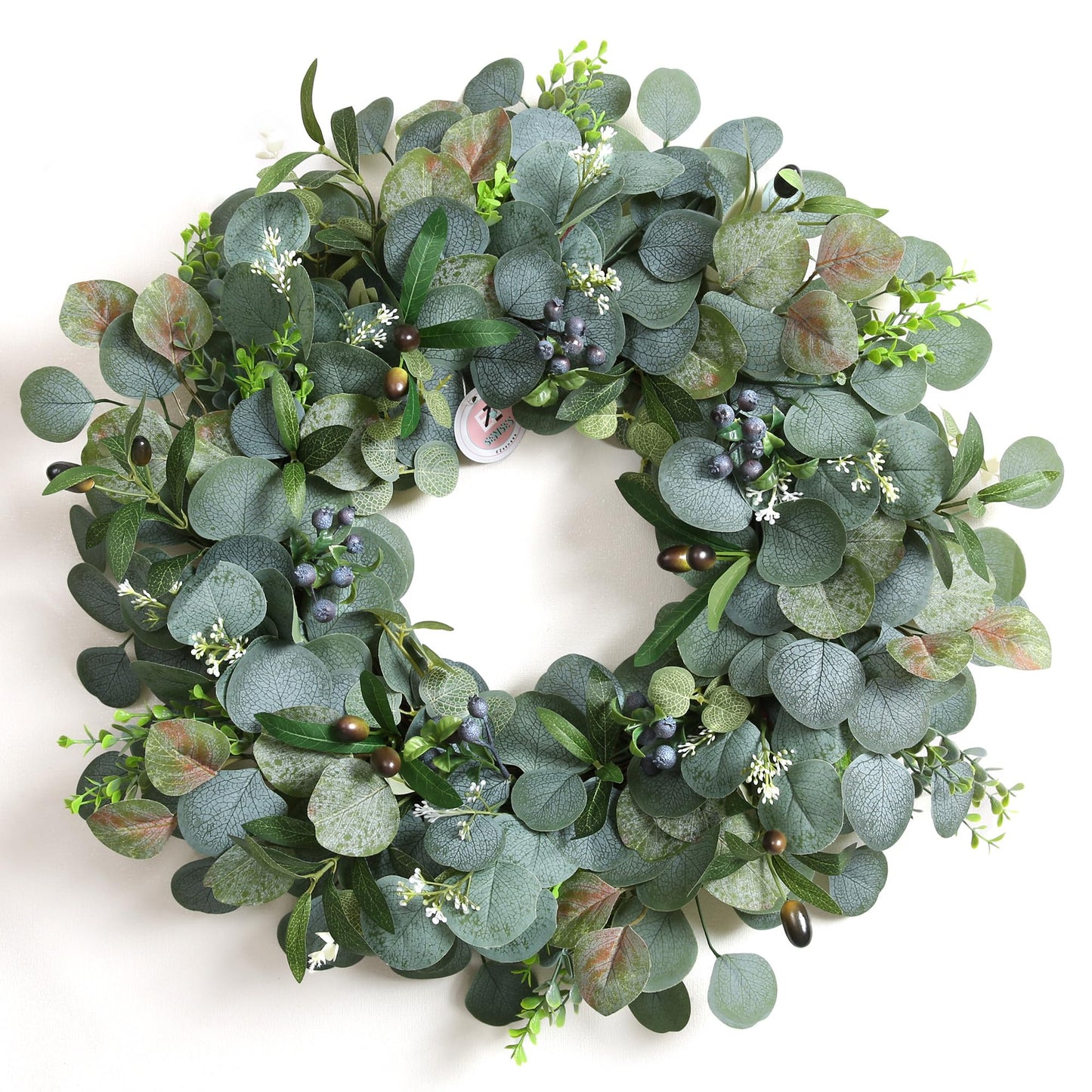 24 Inch Eucalyptus Wreath for Front Door – Green Spring Summer Wreath with Olive Leaves & Berries – Handmade Year-Round Door Decor by EZsenses