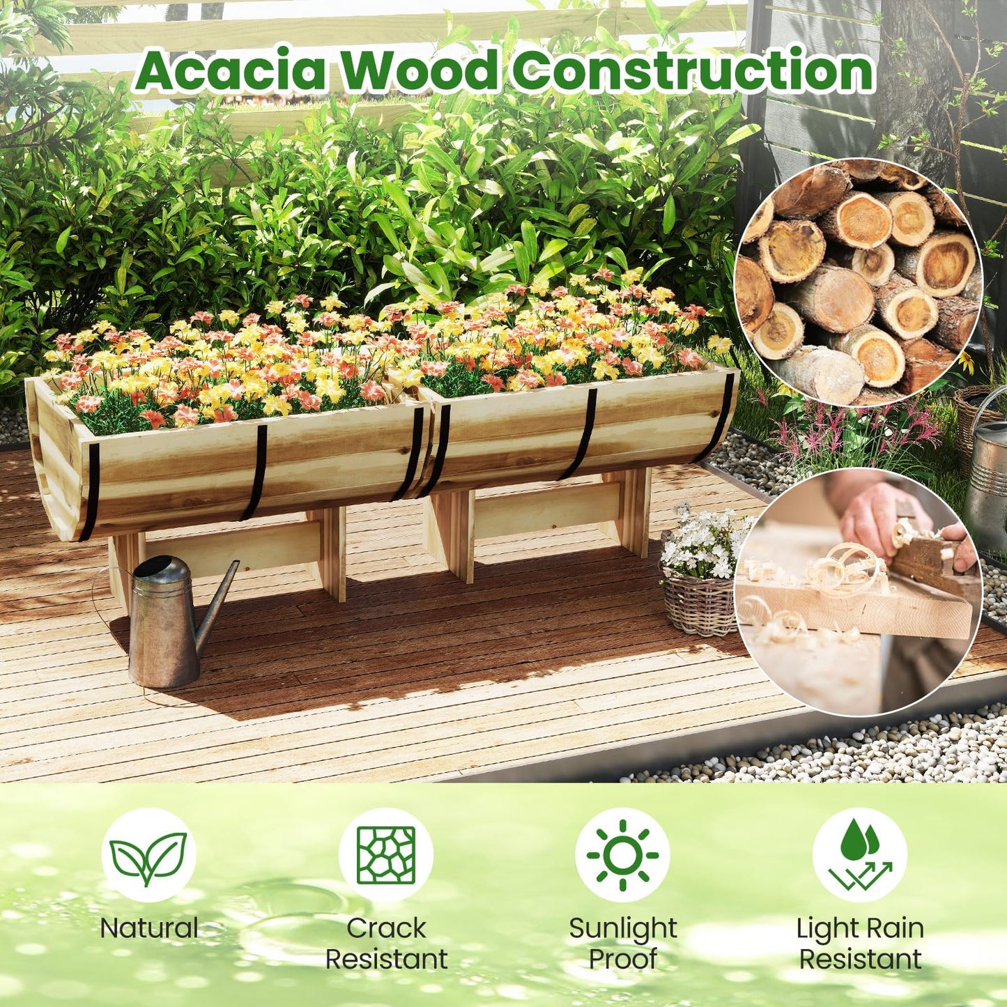 Giantex Half Barrel Raised Garden Bed, Acacia Wood Planter Box for Flower Vegetable Fruit, Outdoor Indoor Plant Pot with Legs for Garden Decoration,18"x12"x11.5"