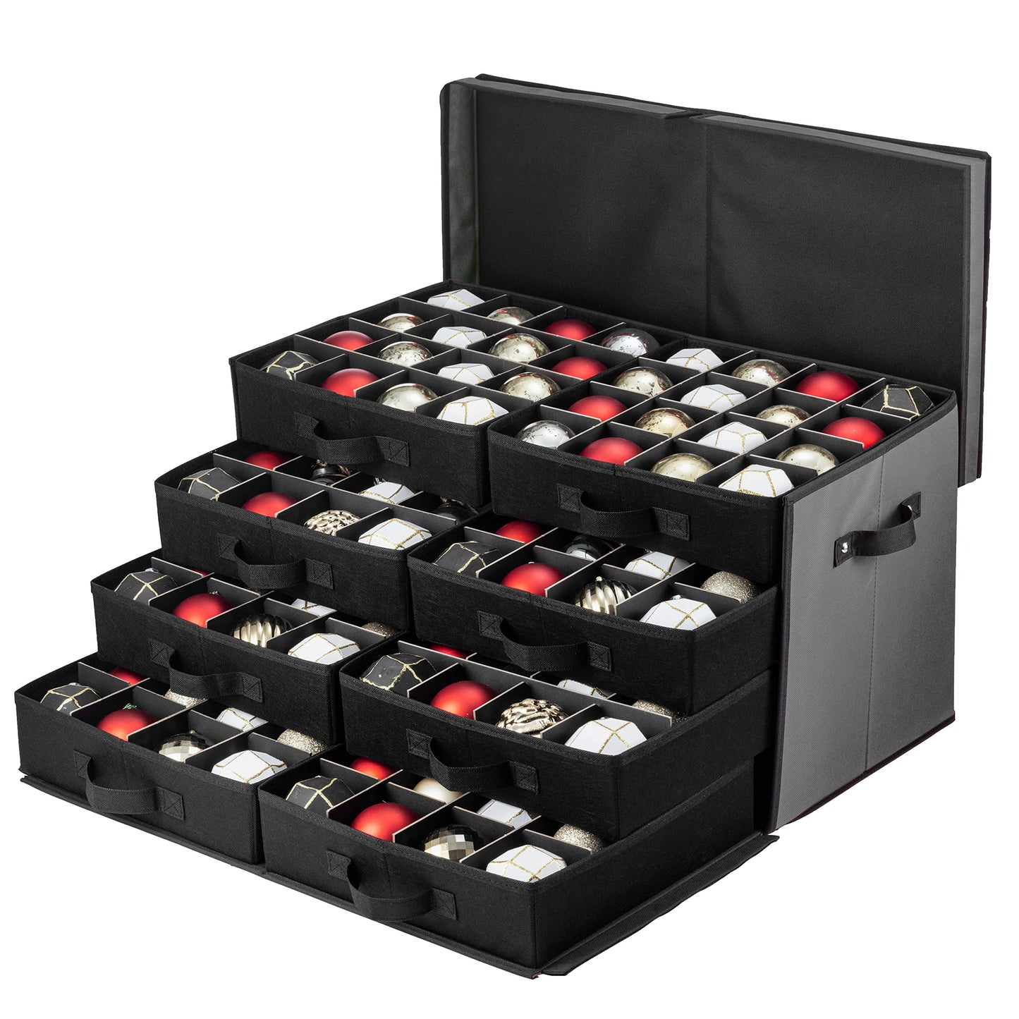 Premium Large Christmas Ornament storage Box, with Side Open, Drawer Style Trays - 3" Compartment, 8 Trays, Keeps 128 Holiday Ornaments & Xmas Accessories, Storage Container Made Of 600D Oxford Fabric