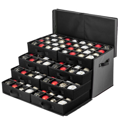 Premium Large Christmas Ornament storage Box, with Side Open, Drawer Style Trays - 3" Compartment, 8 Trays, Keeps 128 Holiday Ornaments & Xmas Accessories, Storage Container Made Of 600D Oxford Fabric