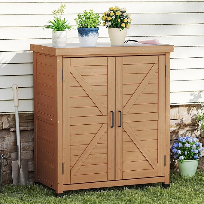 Outdoor Storage Cabinet & Potting Bench Table with Metal Top, Wooden Patio Furniture, Garden Workstation (Light Brwon, 36x31x17in)